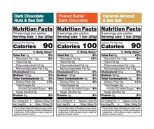 Nutrition facts labels for dark chocolate, peanut butter dark chocolate, and caramel almond minis