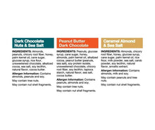 Ingredient list panels for dark chocolate nuts, peanut butter dark chocolate, and caramel almond minis