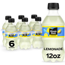 Pack of six Minute Maid lemonade bottles, 12 fl oz each, black caps, yellow label.