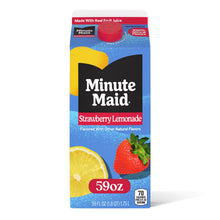 Strawberry lemonade drink carton front with "59 oz" size marking, blue and fruit graphics