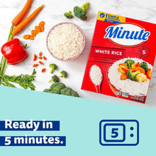 Minute white rice box with carrots, broccoli, and dried rice grains around it
