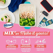 Prepared white rice container with broccoli and seasoned chicken and shrimp