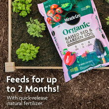 Organic raised bed garden soil bag with vegetables and dark soil in garden area