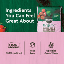 Organic raised bed garden soil bag with OMRI and peat-free icons