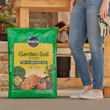 Miracle-Gro garden soil bag beside a person standing in a garden setting