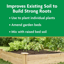 Garden soil in raised garden bed with leafy green plants