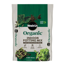 Organic indoor potting mix bag, shown front with Miracle-Gro and green branding