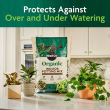 Miracle-Gro Organic Indoor Potting Mix bag beside indoor container plants
