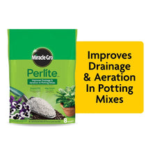 Perlite amendment bag with Miracle-Gro branding, improves drainage and aeration