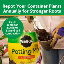 Miracle-Gro potting mix bag next to a gardener repotting a container plant