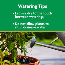 Potting mix watering tips with a watering can pouring onto a potted plant