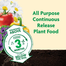 All-purpose continuous release plant food badge over soil and flowers