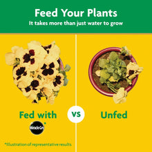 Plant food benefits graphic showing fed versus unfed flowers in pots