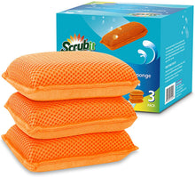 Scrub-It orange microfiber sponge 3-pack in box with stacked sponges