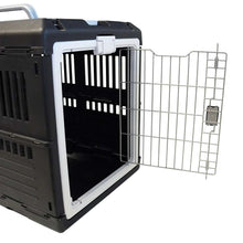 Large black collapsible pet crate with open front and removable wire barrier