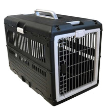 Large black collapsible pet crate with front metal door and top carry handle