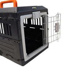 Collapsible pet crate side view with open wire door and metal handle, black frame