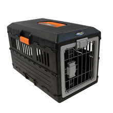 Collapsible pet crate with vent slats and front door, black with orange details
