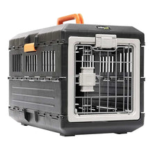 Collapsible pet crate, black with front door and wire bars, orange handle
