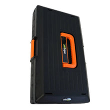 Collapsible pet crate lid, black with orange carrying handle and latch