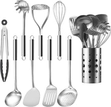 Stainless steel cooking utensil set with perforated holder and 9 tools
