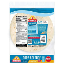 Mission Carb Balance flour tortillas package back label with nutrition data
