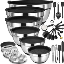 Stainless steel mixing bowl set with black airtight lids and grater attachments