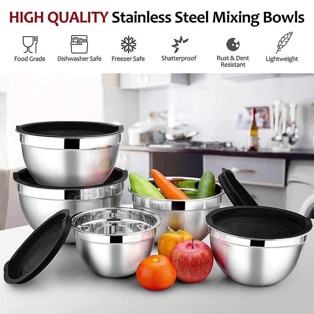 Mixing Bowls with Lids Set of 5, Vesteel Stainless Steel Mixing Bowls Metal Nesting Salad Bowls, Size 4.5, 3, 1.5, 1, 0.7 QT Great for Cooking, Baking, Serving - Blue - USA MEGA SHOP
