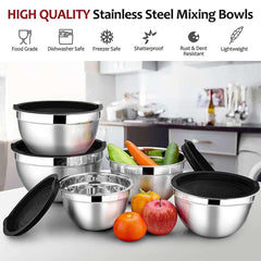 Mixing Bowls with Lids Set of 5, Vesteel Stainless Steel Mixing Bowls Metal Nesting Salad Bowls, Size 4.5, 3, 1.5, 1, 0.7 QT Great for Cooking, Baking, Serving - Blue - USA MEGA SHOP