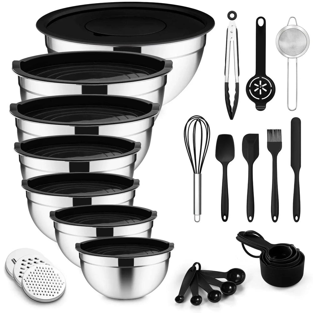 Mixing Bowls with Lids Set of 5, Vesteel Stainless Steel Mixing Bowls Metal Nesting Salad Bowls, Size 4.5, 3, 1.5, 1, 0.7 QT Great for Cooking, Baking, Serving - Blue - USA MEGA SHOP