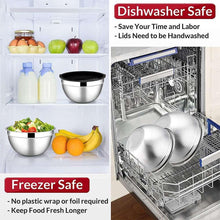 Stainless steel mixing bowl set with black lids, dishwasher and freezer safe