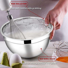 Stainless steel mixing bowl with wide rolled rim and black lid, deep design