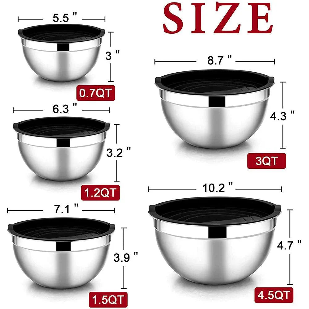 Mixing Bowls with Lids Set of 5, Vesteel Stainless Steel Mixing Bowls Metal Nesting Salad Bowls, Size 4.5, 3, 1.5, 1, 0.7 QT Great for Cooking, Baking, Serving - Blue - USA MEGA SHOP