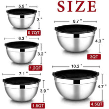 Stainless steel nesting mixing bowls set with black lids, 5 assorted sizes