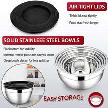 Stainless steel mixing bowl with black air-tight lid, solid deep bowl shape