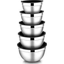 Set of 5 stainless steel mixing bowls with black lids, nested together