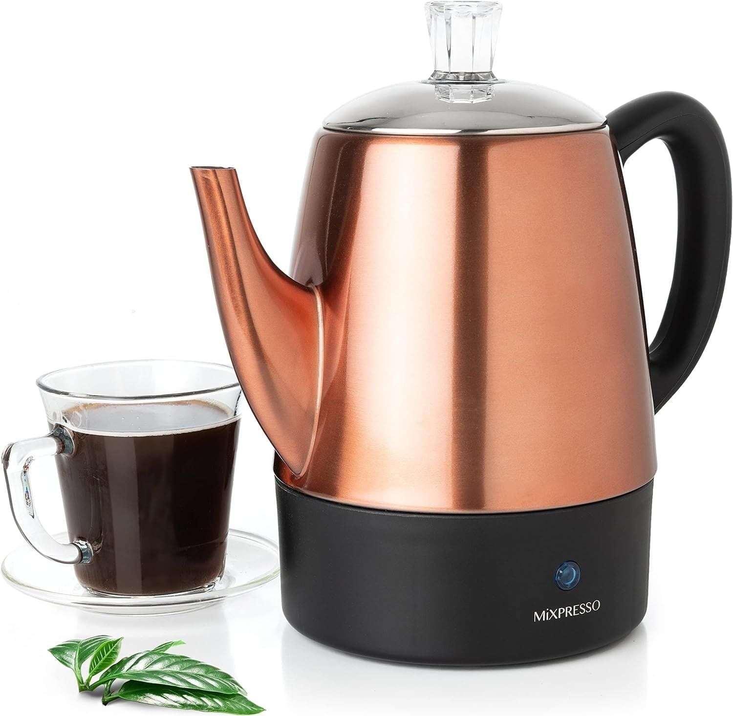 Mixpresso Percolator Coffee Pot Electric 10 Cup, Stainless Steel Coffee Maker, Coffee Percolator Electric With Keep Warm Function, 10 Cups Stainless Steel Perculator With Basket (Shiny Blue)