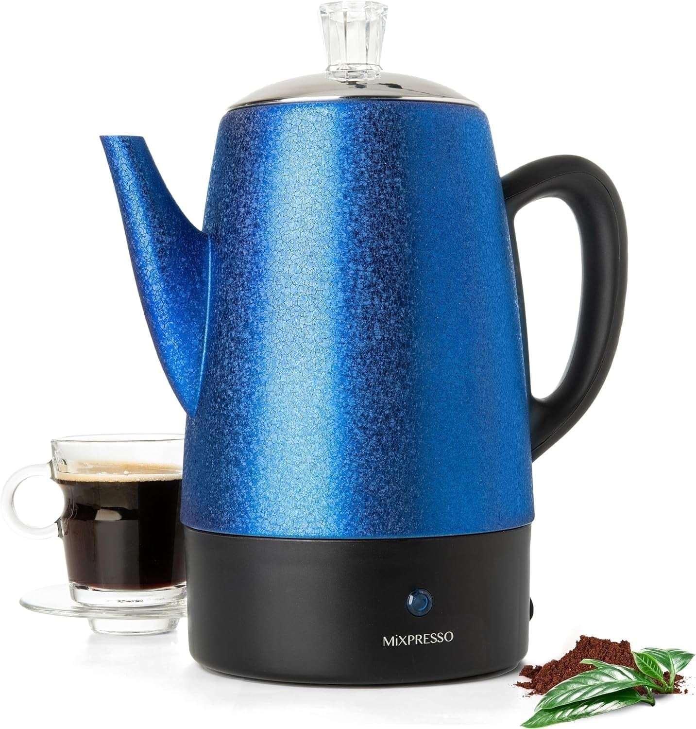 Mixpresso Percolator Coffee Pot Electric 10 Cup, Stainless Steel Coffee Maker, Coffee Percolator Electric With Keep Warm Function, 10 Cups Stainless Steel Perculator With Basket (Shiny Blue) - USA MEGA SHOP
