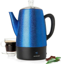 Electric coffee percolator with blue speckled body and black base, clear lid and handle