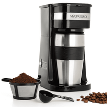 Black and silver 1-cup drip coffee maker with stainless travel mug and scoop