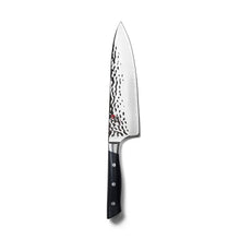 8-inch chef knife with Damascus-pattern blade and black riveted handle