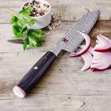 Santoku knife with Damascus-style blade, black wood handle, and bolster at blade base