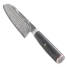 7-inch Miyabi Kaizen II Santoku knife with wavy Damascus blade and black wood handle
