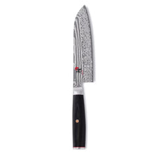 Miyabi Kaizen II 7-inch Santoku knife with patterned steel blade and black wood handle