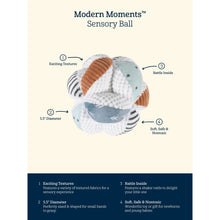 Modern Moments sensory ball features diagram showing 5.5 in diameter and rattle inside