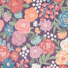 Floral kitchen mat pattern with mixed pastel flowers and foliage on dark background