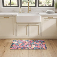 Floral kitchen mat on navy with multicolor blossoms, rectangular 20 x 42 in