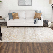 Light gray and ivory abstract area rug with mottled texture and short border