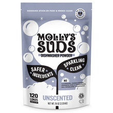 Molly's Suds dishwasher powder pouch, unscented, dark blue with white front label