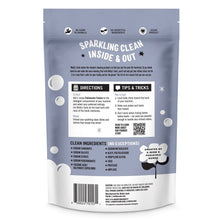 Molly's Suds dishwasher powder pouch back, directions and ingredient icons on blue